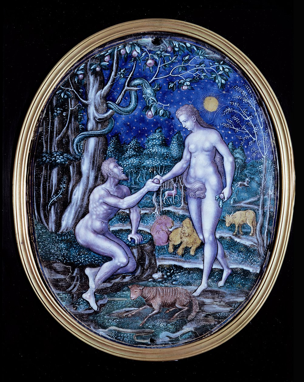 Limoges-Plakette, die Adam und Eva darstellt, ca. 1570 von French School