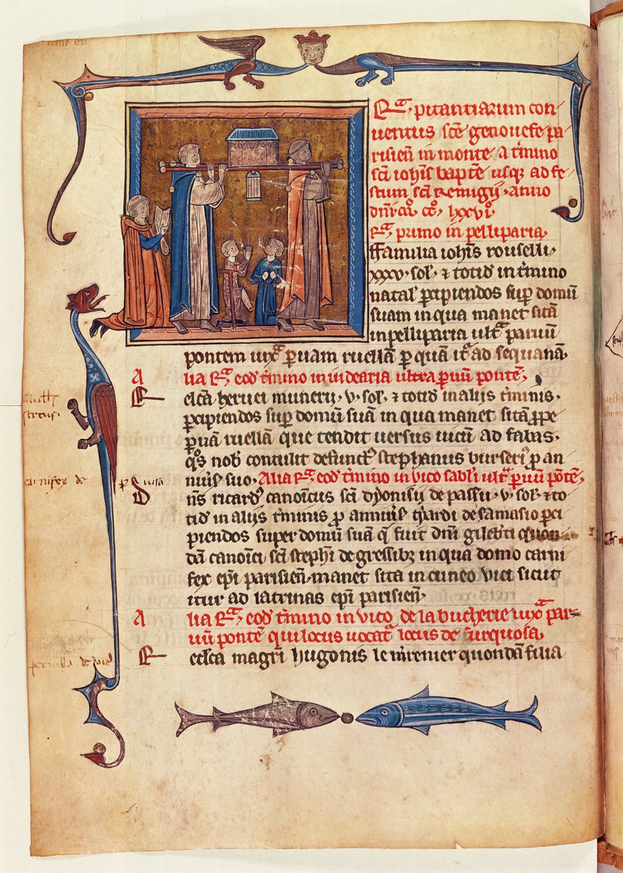 Ms 16261 fol.13v Prozession des Reliquiars der hl. Genoveva durch die Straßen von Paris, aus dem Censier de l