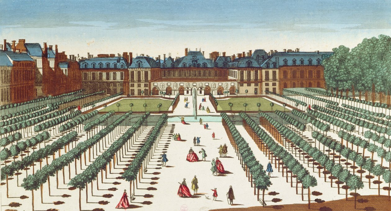 Perspektivische Ansicht des Palais Royal von den Gärten aus von French School