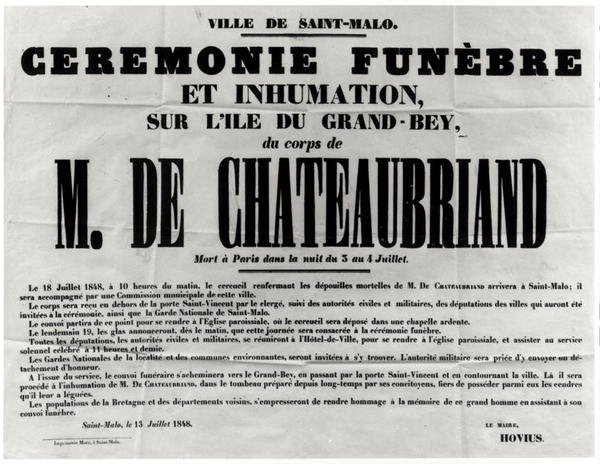 Plakat für das Begräbnis von Francois Rene de Chateaubriand (1768-1848) in St. Malo am 18. Juli 1848 von French School