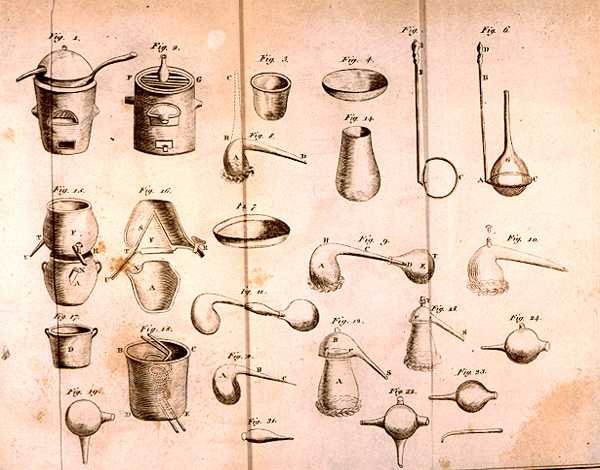 Wissenschaftliche Ausrüstung, aus Die Elemente der Chemie von Antoine Laurent de Lavoisier, graviert von D.Lizars, 1796 von French School