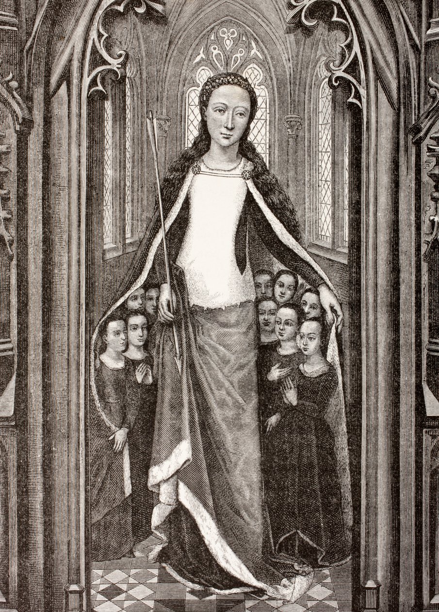 St. Ursula hält einen Pfeil, das Symbol ihres Martyriums, und schützt Jungfrauen unter ihrem Mantel, aus 