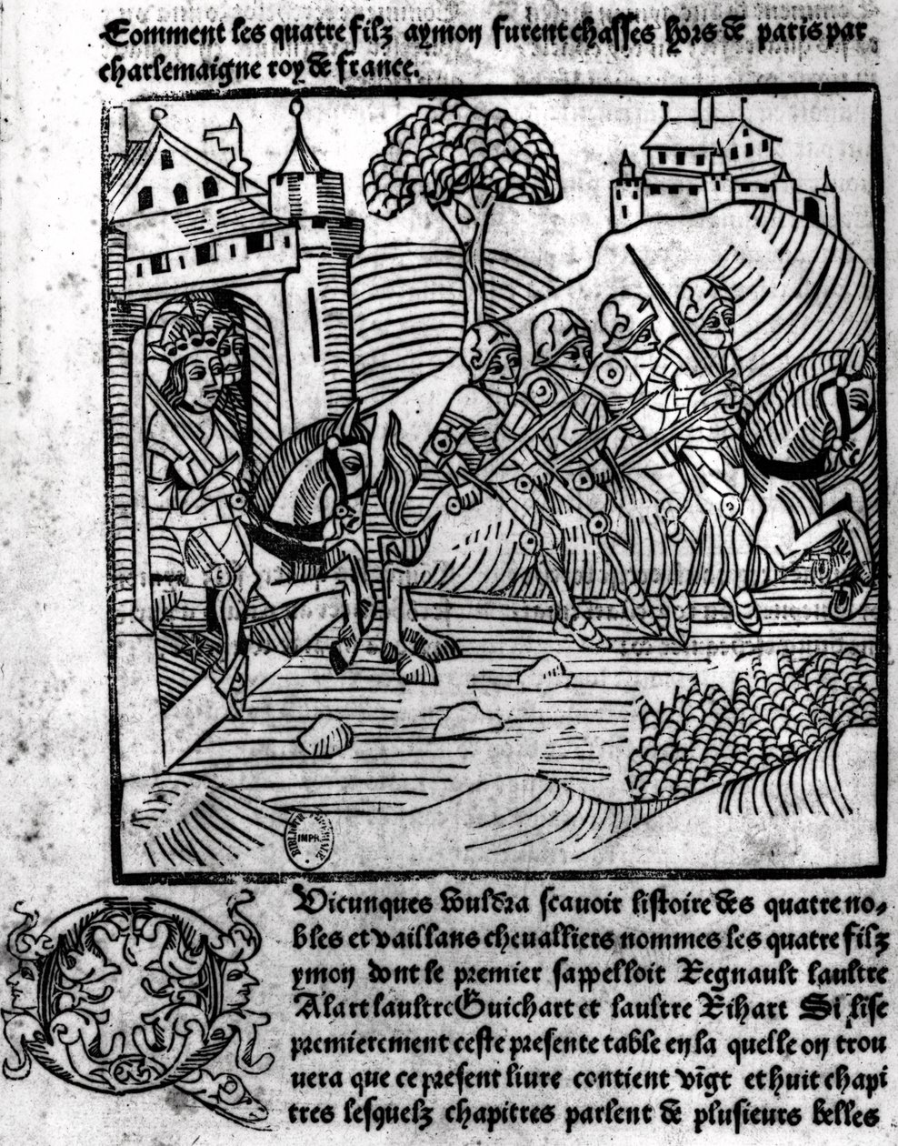Die vier Söhne von Aymon werden von Karl dem Großen, König von Frankreich, verfolgt, aus 