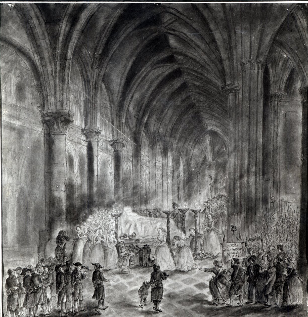 Das Begräbnis von Jean Paul Marat in der Kapelle des Club des Cordeliers, 16. Juli 1793 von French School