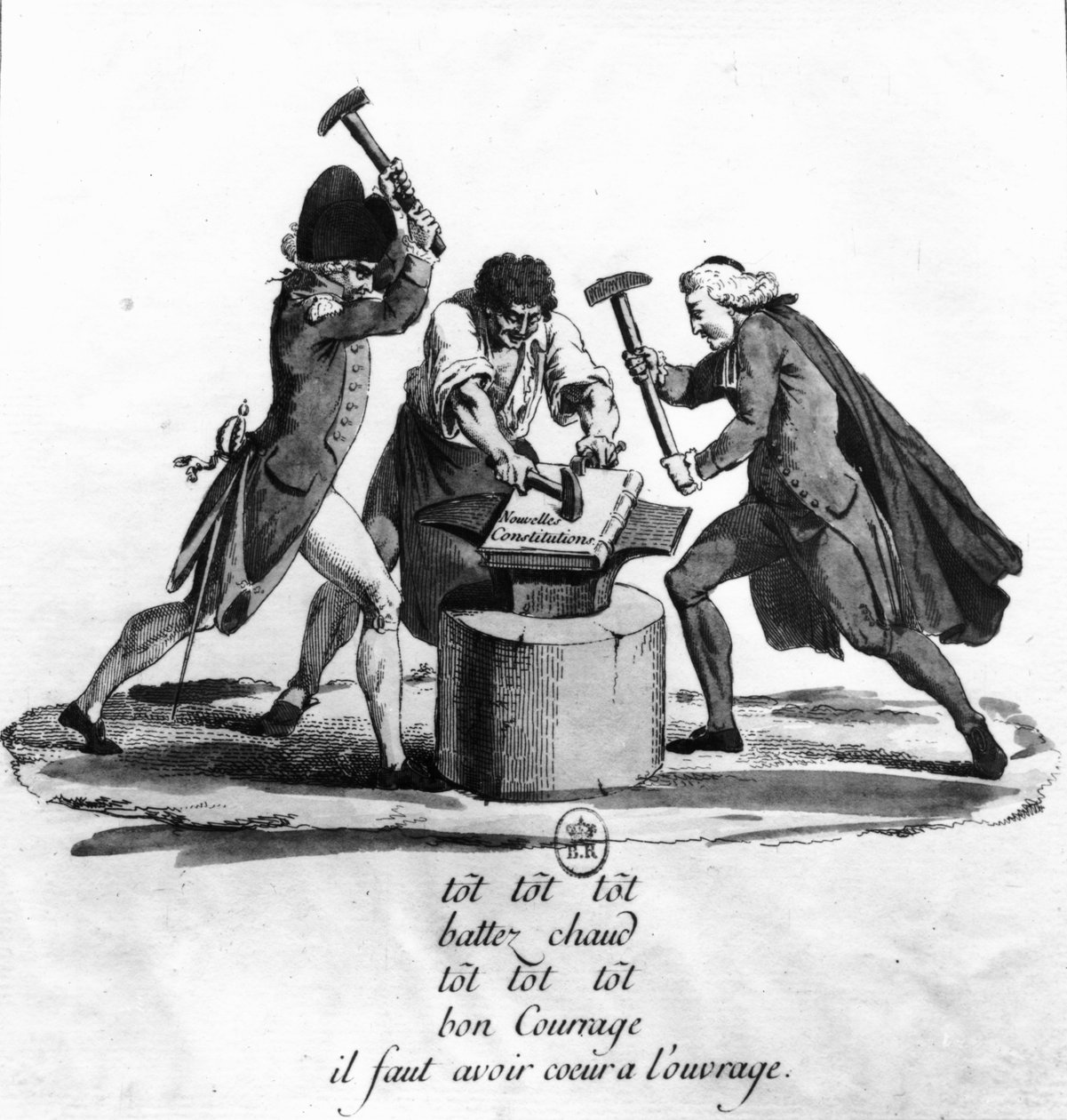 Die drei Stände, die neue Verfassung auf einem Amboss schmiedend, 1789 von French School