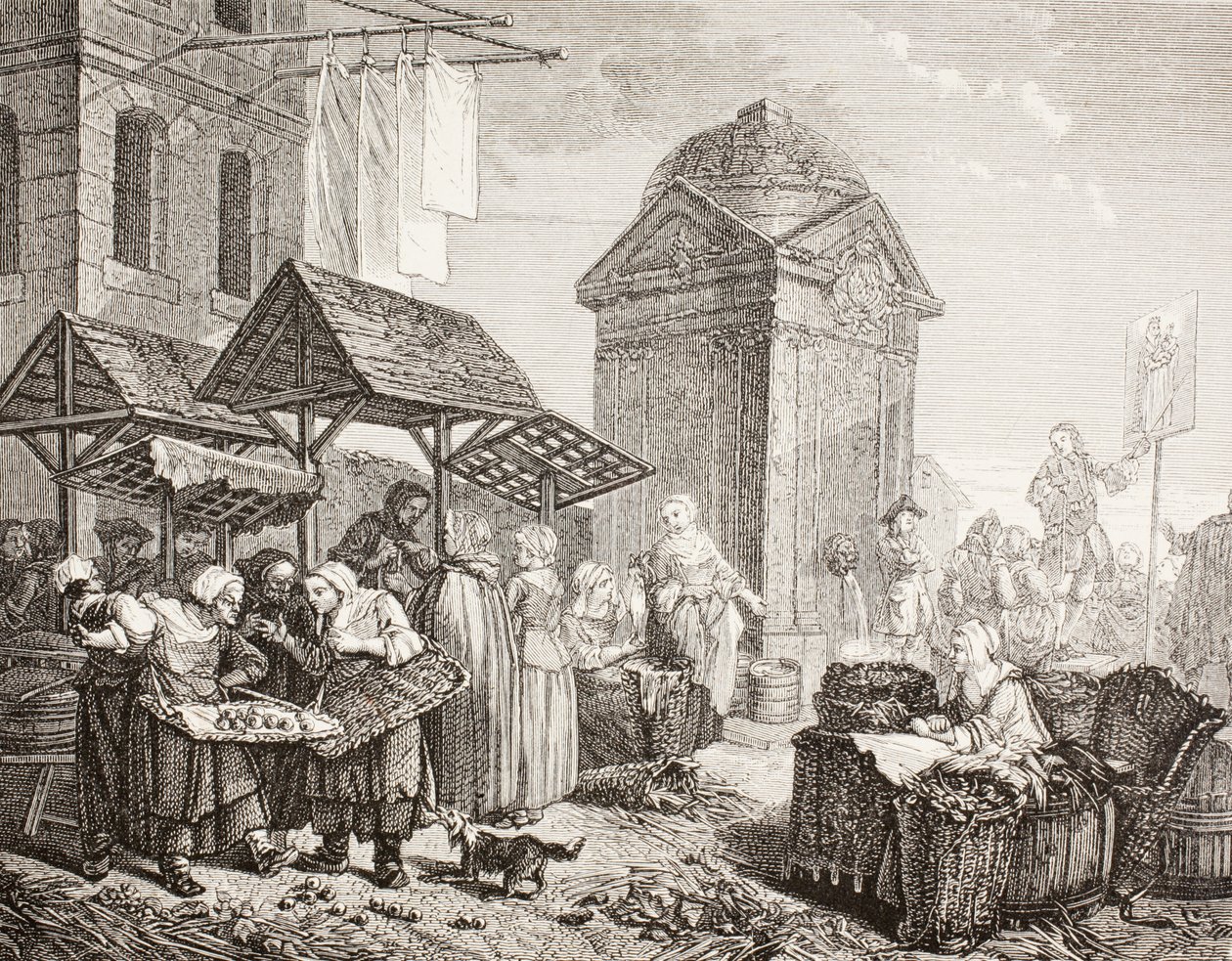 Der Markt auf dem Place Maubert, Paris, im 18. Jahrhundert, nach einem Werk von Jeaurat, aus 