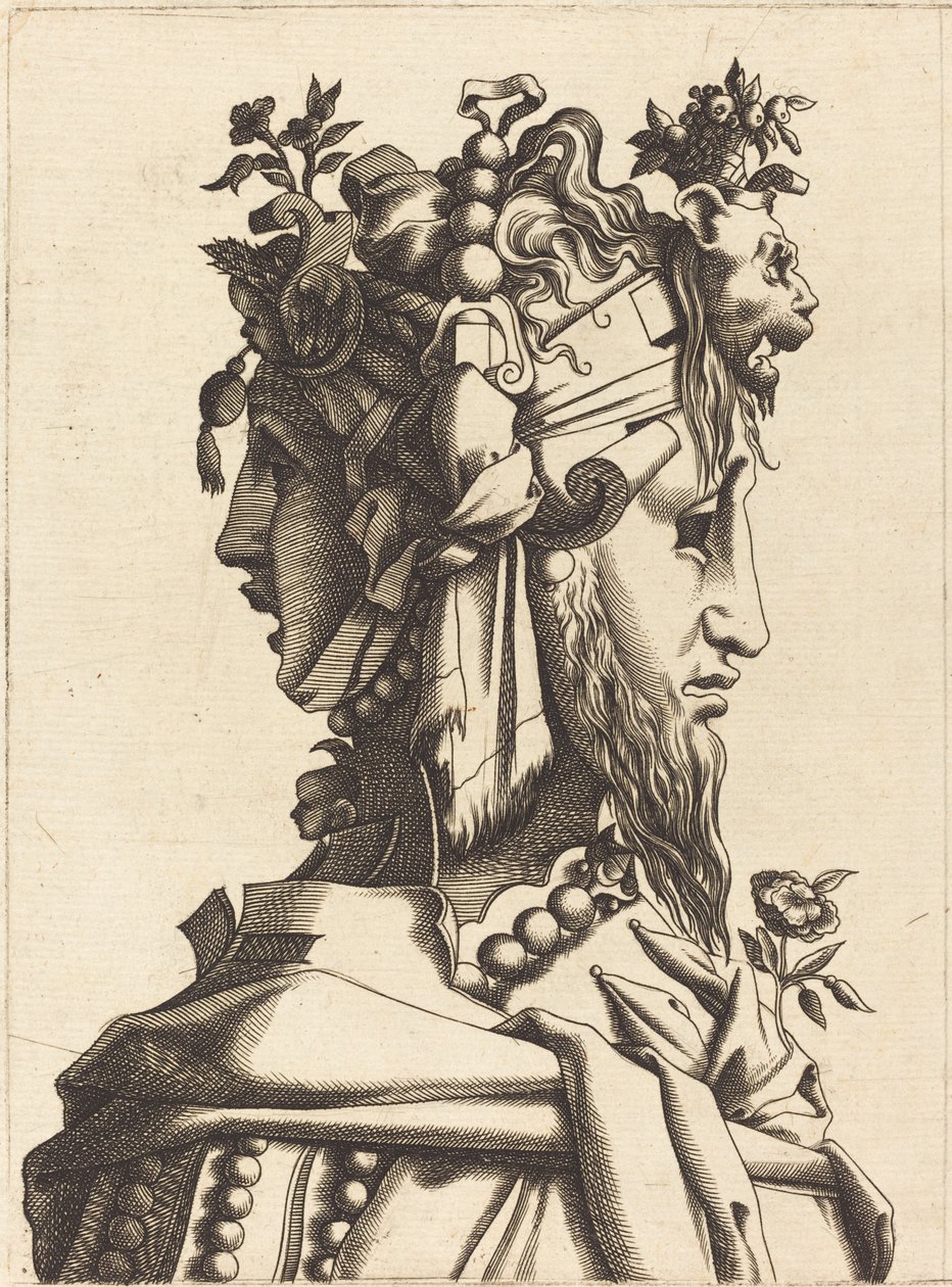 Büste einer Frau in extravagantem Kostüm von French 16th Century after René Boyvin or Pierre Milan