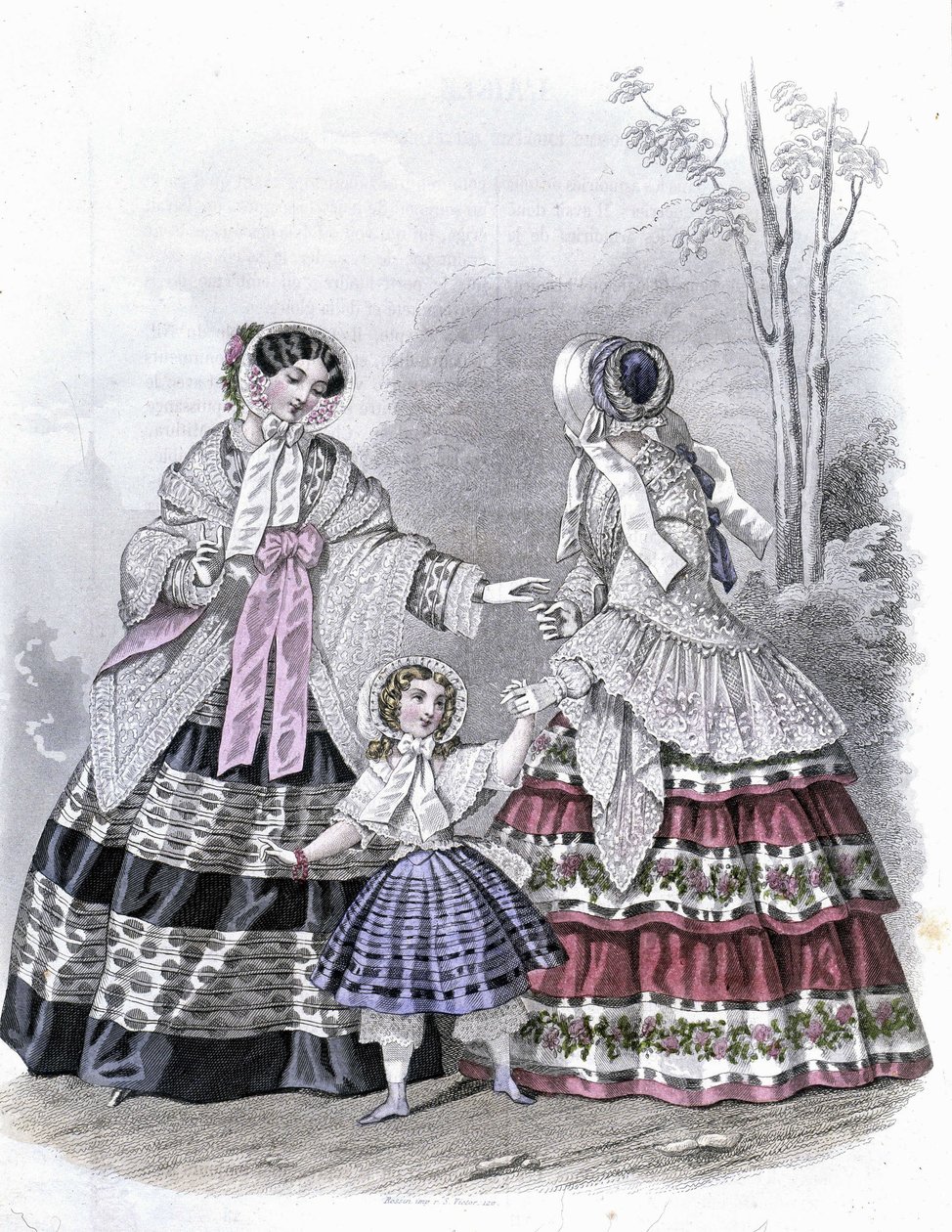 2 modische Frauen mit einem Mädchen auf einem Spaziergang - im „Journal des Demoiselles“ 1852. von French School