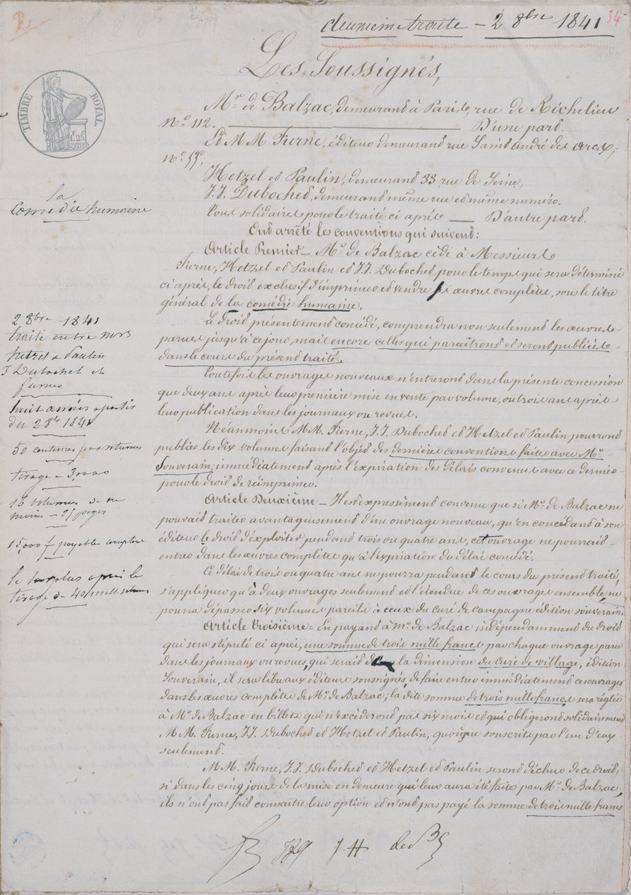 2. Vertragsdokument zur La Comédie Humaine zwischen Honoré de Balzac (1799-1850) und Hetzel, Paulin, Dubochet und dem Verleger Charles Furne, 2. Oktober 1841 von French School