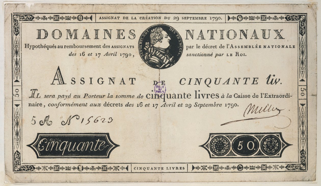 50-Livres-Banknote, 29. Oktober 1790 von French School