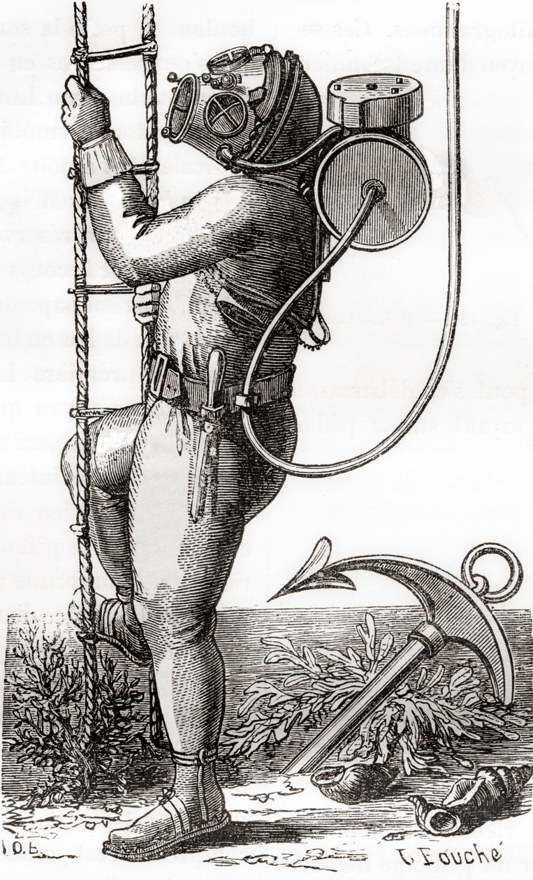 Ein Tiefseetaucher des 19. Jahrhunderts mit einem gummibeschichteten Tauchanzug mit Helm und Tankregler, aus 