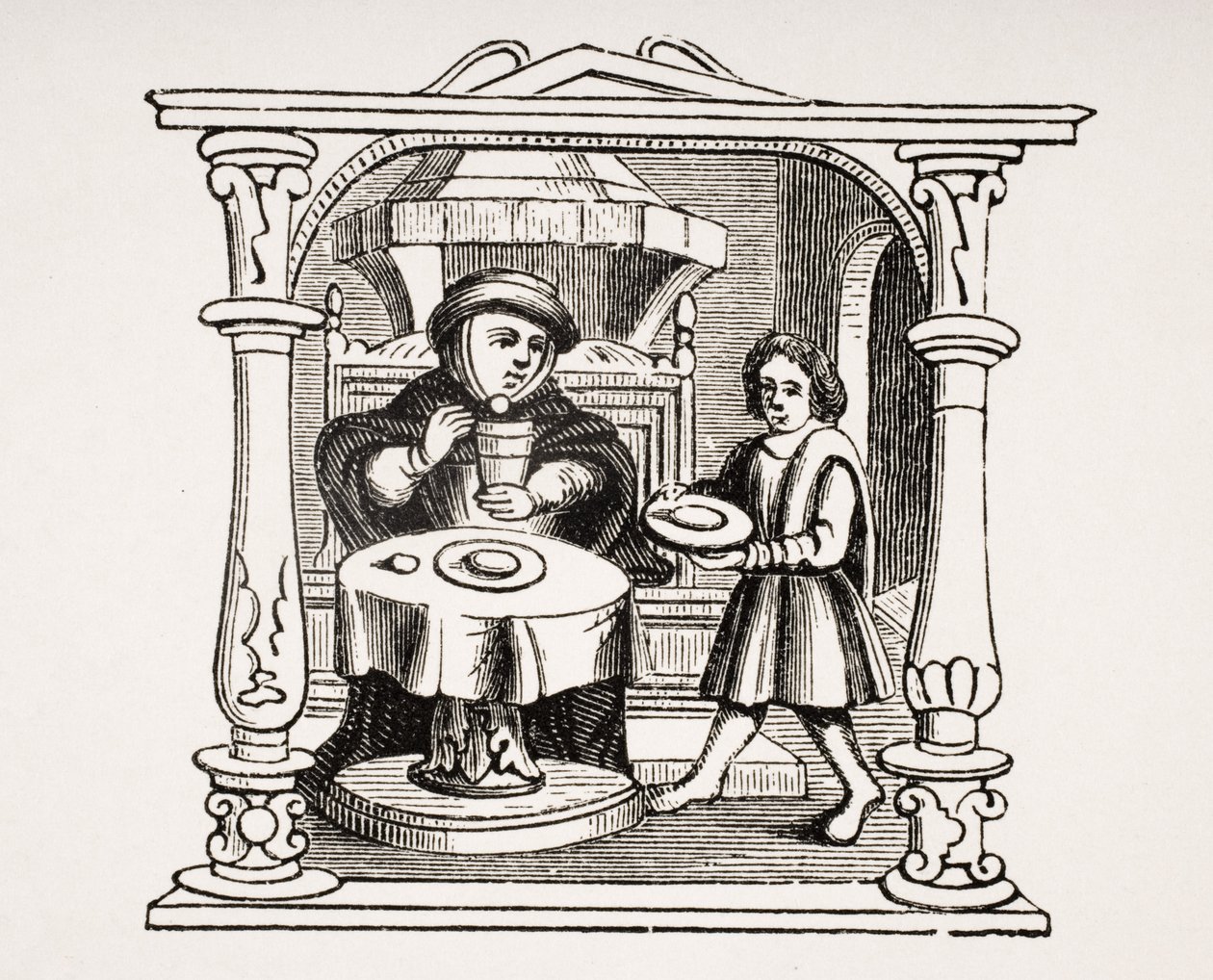 Ein Bürger isst seine Mahlzeit, nach einer Illustration in einem Manuskript aus dem 16. Jahrhundert, aus Le Moyen Age et La Renaissance von Paul Lacroix (1806-84) veröffentlicht 1847 von French School