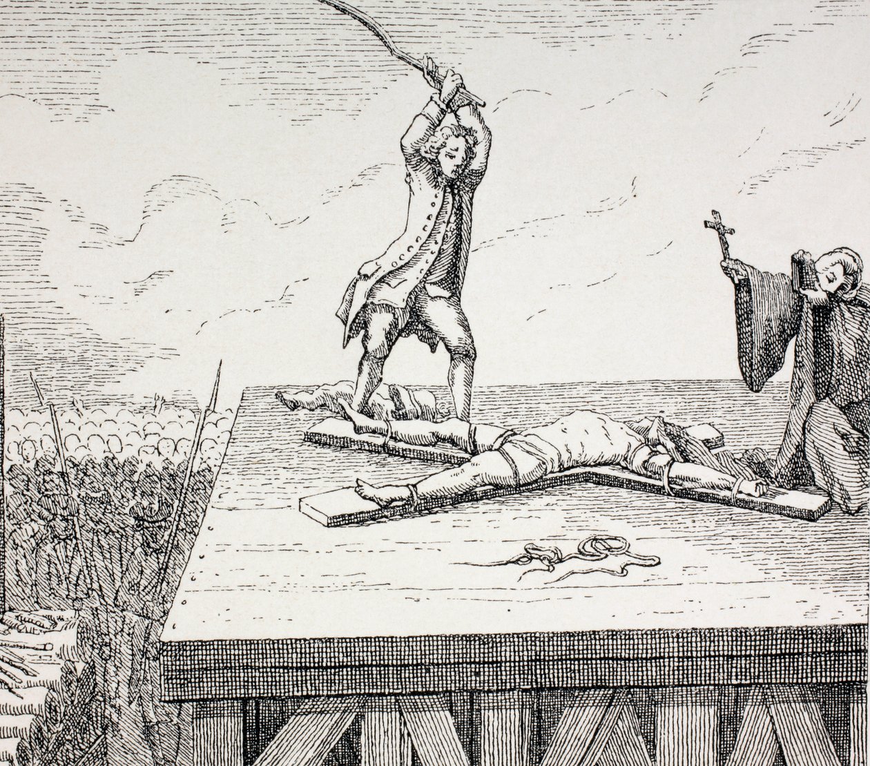 Ein zum Tode verurteilter Verbrecher wird im 18. Jahrhundert in Frankreich auf einem Andreas-Kreuz gebrochen, 1875 von French School