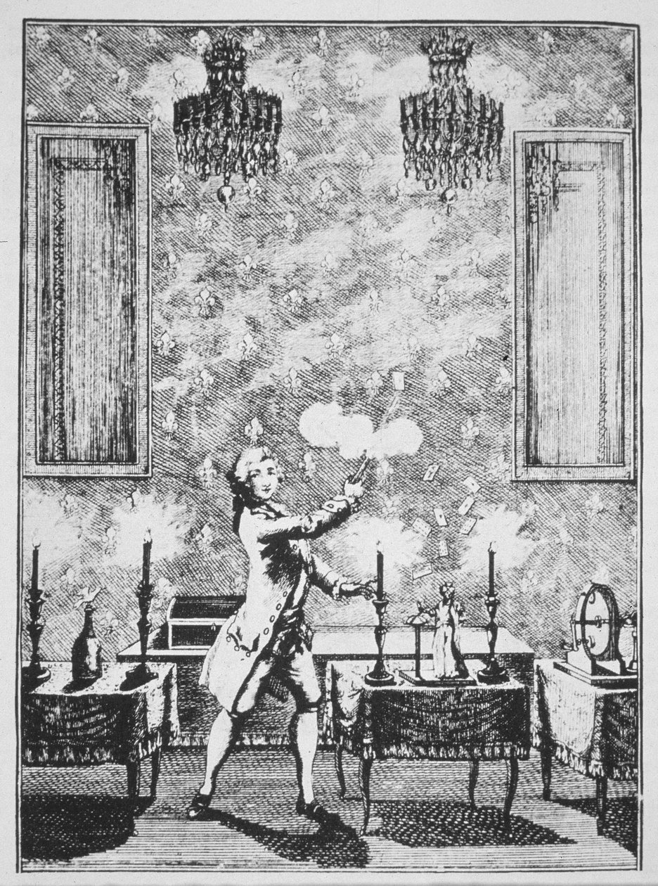 Eine Demonstration der Zauberei aus La magie Blanche devoilee von Decremps, 1659, illustriert in einer Geschichte der Magie, veröffentlicht im späten 19. Jahrhundert von French School