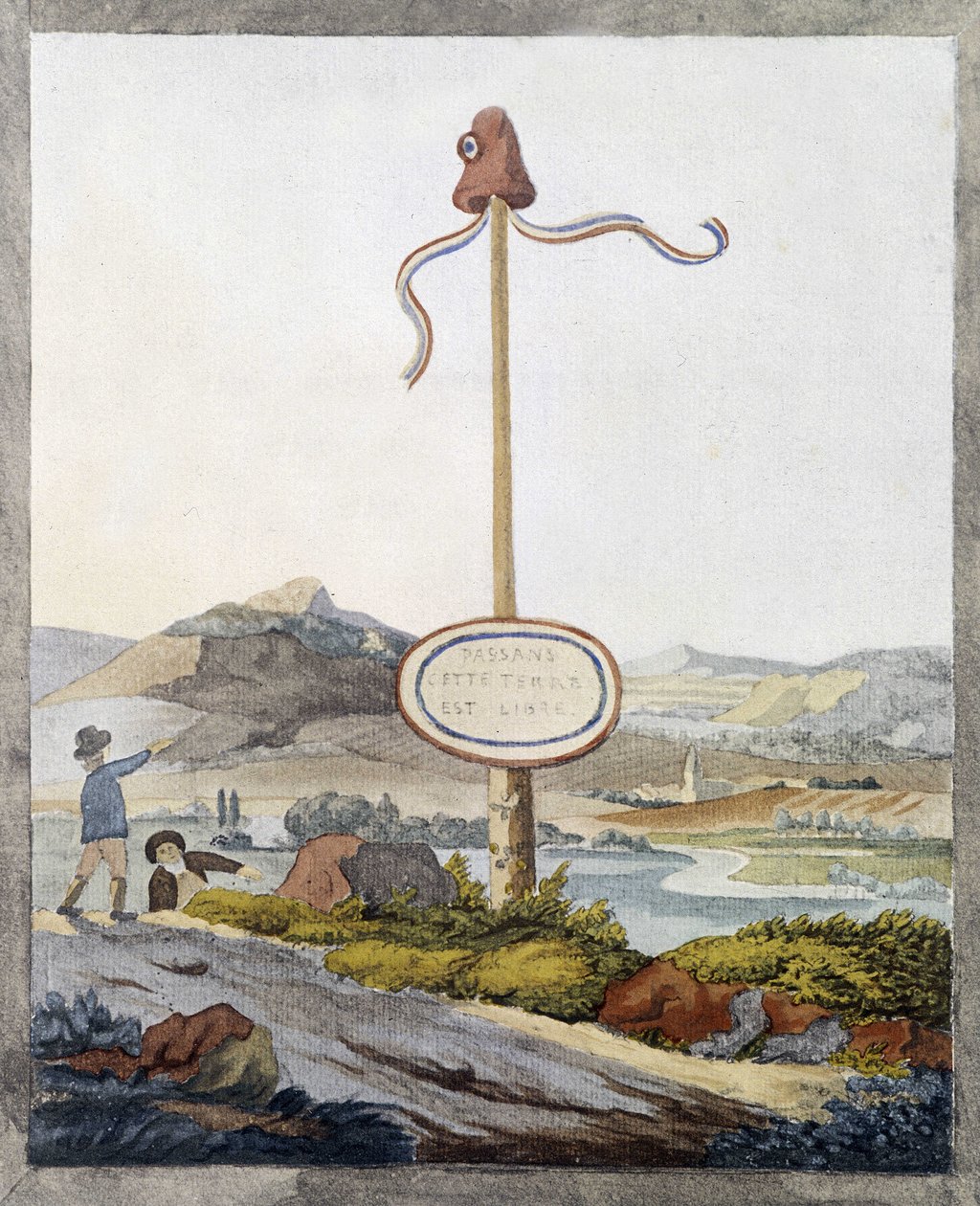 Eine französische Grenze zur Zeit der Revolution von 1789: „Passagiere, dieses Land ist frei“ von French School
