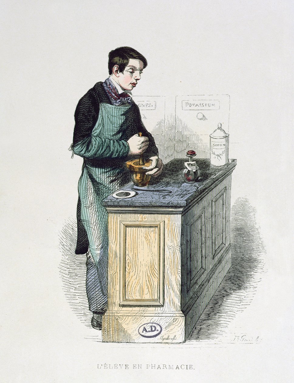 Ein Pharmazieschüler bereitet Medizin vor, Illustration aus Les Francais peints par eux-memes, Editions L. Curmer, 1841 von French School