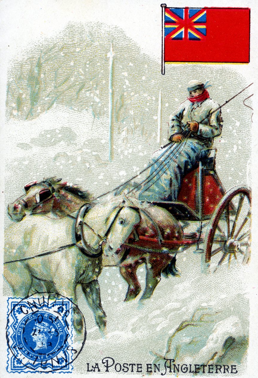 Ein Postbote in England, der im Winter Post zustellt, späte 19. Jahrhundert von French School