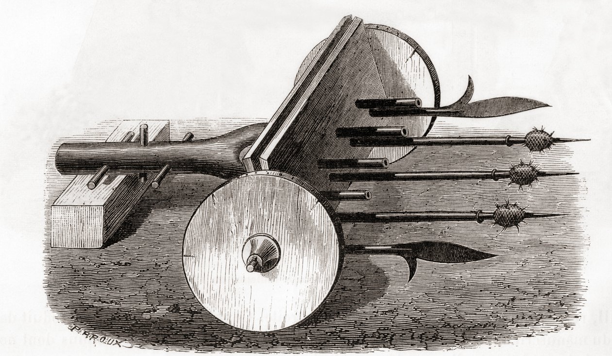 Ein Ribauldequin, Höllenmaschine oder Orgelkanone, bewaffnet mit kleinen Kanonen und Piken, aus Les Merveilles de la Science, veröffentlicht um 1870 (Gravur) von French School