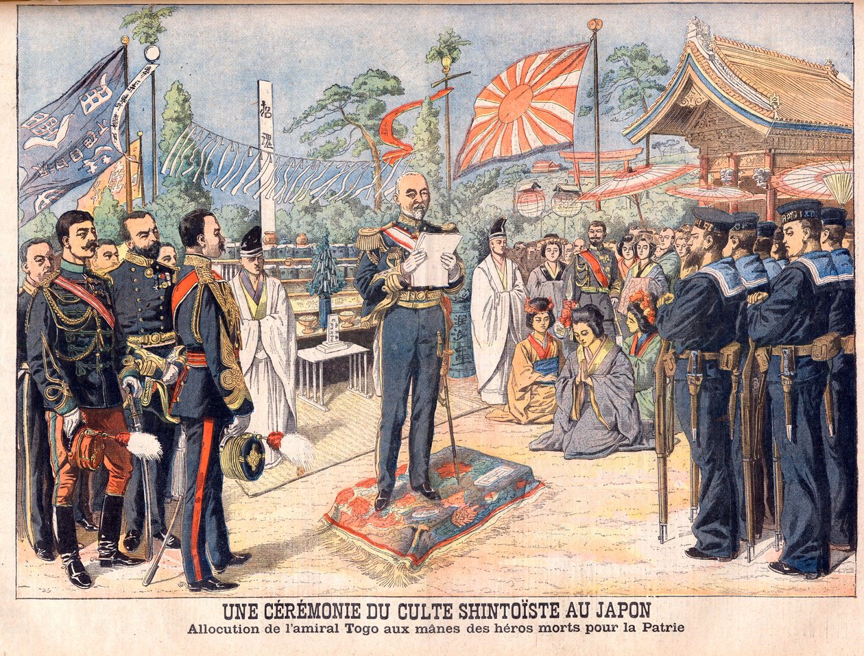 Eine Shinto-Zeremonie in Japan. Admiral Togo spricht zu den Geistern der im Russisch-Japanischen Krieg gefallenen japanischen Helden. Eine Zeremonie des Shinto-Kults in Japan. Ansprache von Admiral Togo. von French School