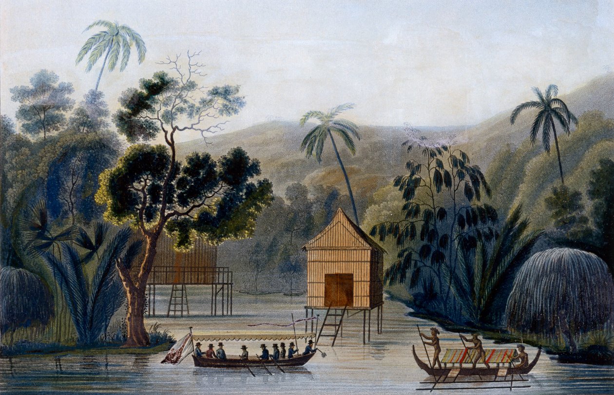Ein Geisterhaus auf Stelzen im Offak-Hafen, Waigou-Insel, aus Voyage autour du Monde sur la Corvette Coquille von Leutnant Louis Isodore Duperrey, 1826 von French School