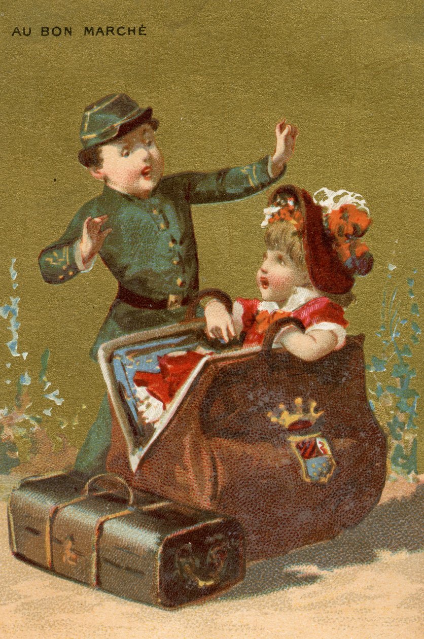 Eine Überraschung im Gepäck, aus einer Serie von Illustrationen von Kindern, produziert als Werbekarten für das Bon Marché Kaufhaus in Paris, ca. 1890 von French School