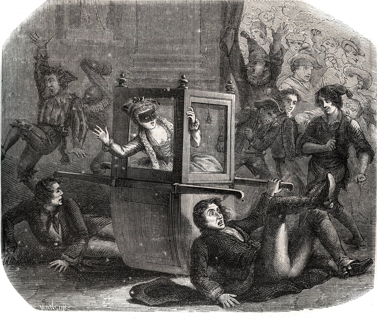 Eine Gruppe von Scherzkeksen hält Marie-Therese Le Vasseur (1721-1801) in einem Karnevalskostüm davon ab, in ihrem Rollstuhl voranzukommen. Sie ist Opfer der Rache eines ihrer ehemaligen Liebhaber. Gravur von 1871 in "Histoire Des Cocus Celebres" von French School