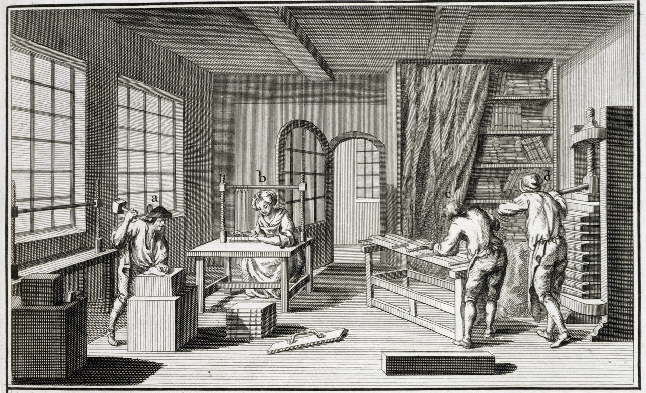 Eine Buchbinderwerkstatt, aus der Encyclopedie des Sciences et Metiers von Denis Diderot (1713-84) veröffentlicht ca. 1770 von French School