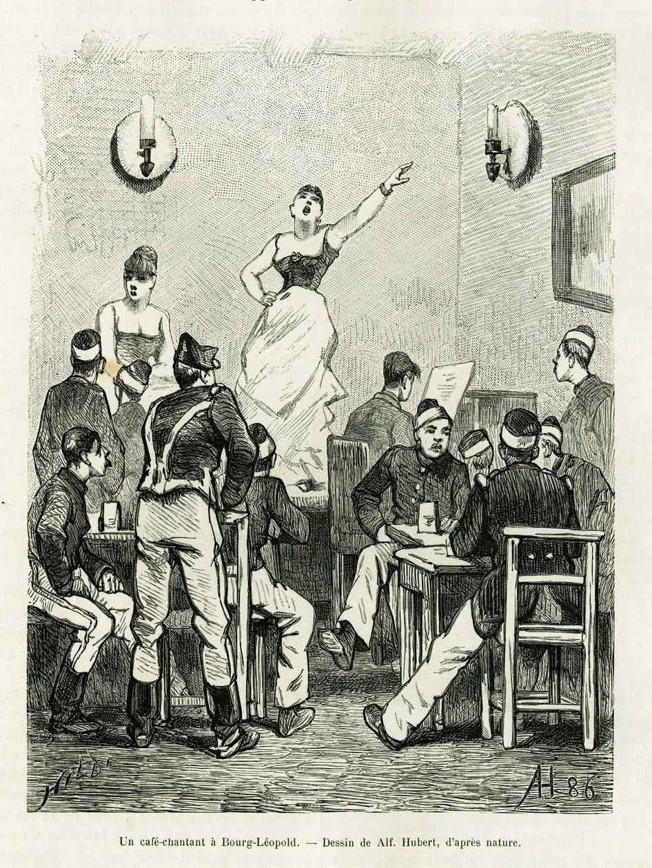 Ein Café singend in Bourg Leopold. Gravur von A.Hubert zur Illustration der Geschichte La Belgique, von Camille Lemonnier, in le tour du monde 1886, herausgegeben von Edouard Charton (1807-1890), Hachette, Paris von French School