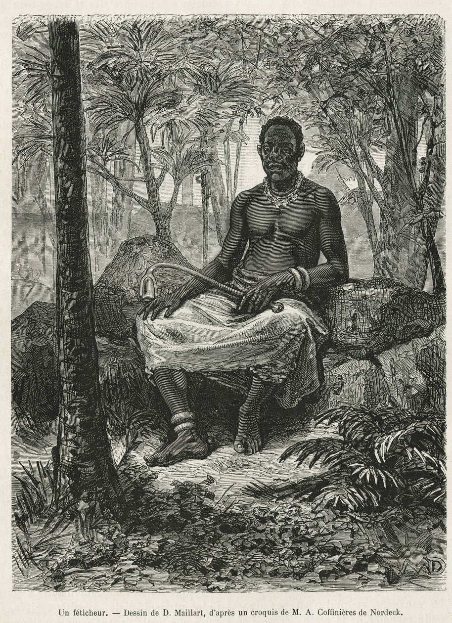 Ein Fetischist, Zauberer, der die magische Kraft von Fetischen nutzen kann, Zeichnung von D. Maillart, zur Illustration der Geschichte einer Reise nach Gabun und zum Ogoué-Fluss, 1875-1877, von Alfred Marche. Gravur in Le tour du monde von French School