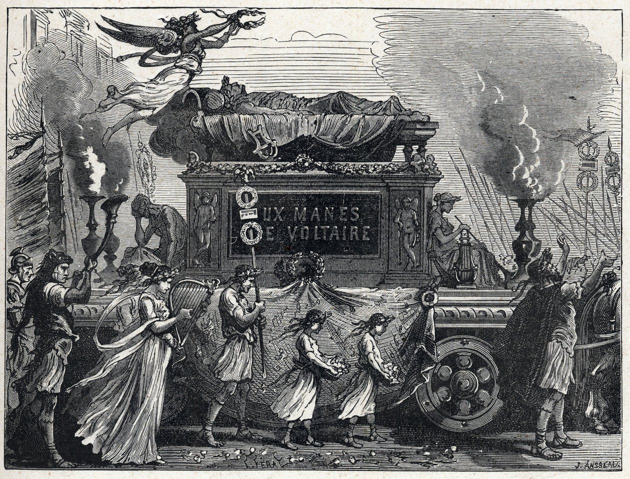 Ein Leichenwagen, der Voltaires Leichnam trägt (François Marie Arouet) von French School