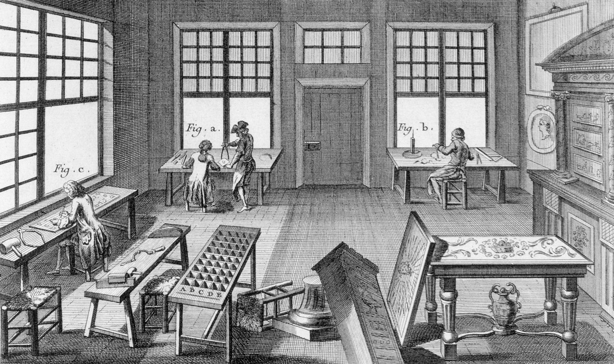 Eine Werkstatt für Möbelintarsien, aus der Encyclopedie des Sciences et Metiers von Denis Diderot (1713-84) veröffentlicht ca. 1770 von French School