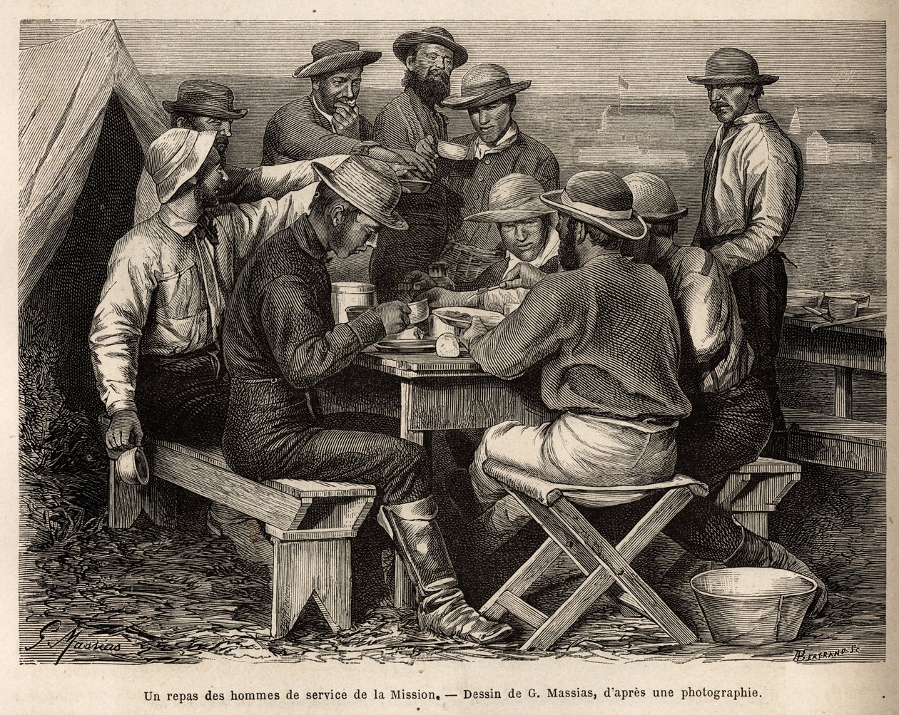 Eine Mahlzeit der Dienstmänner der Mission von 1872, am Lagerplatz, vor der ersten Felderkundung, graviert nach der Zeichnung von G. Massias, zur Illustration einer Reihe geografischer Missionen durch den Nationalpark der Vereinigten Staaten, von 1870 bis  von French School