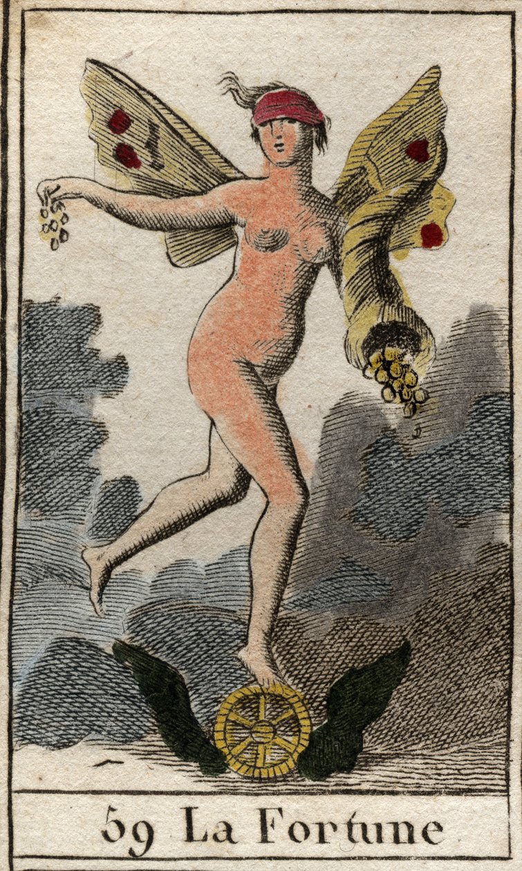 Darstellung der Göttin des Glücks Fortuna, sie entscheidet über das Gute und Böse der Menschen, hält ein Füllhorn und steht auf einem Rad. Aus „Mythologie der Jugend“ von Pierre Blanchard 1803 von French School