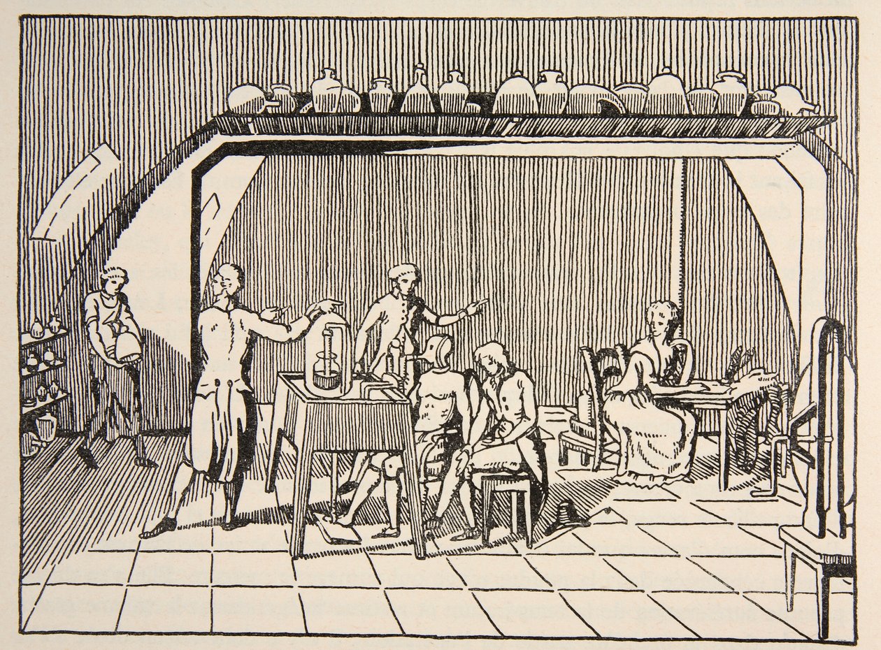 Ein Atmungsexperiment im Labor von Lavoisier, Kopie von Boris Mestchersky, Illustration aus Histoire de la Nation Francaise, Sciences, Bände I & II, von Gabriel Hanotaux, 1924 von French School