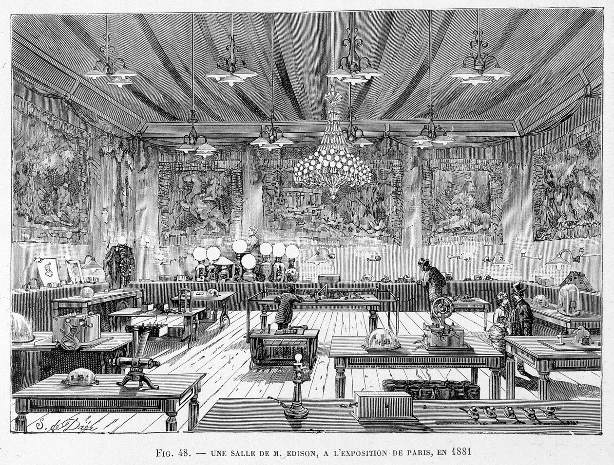Ein Raum von Herrn Edison auf der Pariser Ausstellung 1881 - in „Die neuen Eroberungen der Wissenschaft“ von Louis Figuier von French School