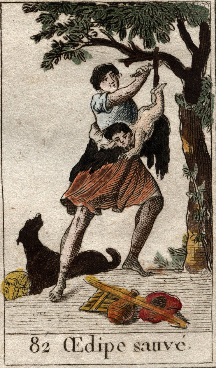 Ein Hirte rettet Ödipus als Kind, das von seinen Eltern wegen des Drängens des Orakels von Delphi ausgesetzt wurde. Aus „Mythologie der Jugend“ von Pierre Blanchard 1803. von French School