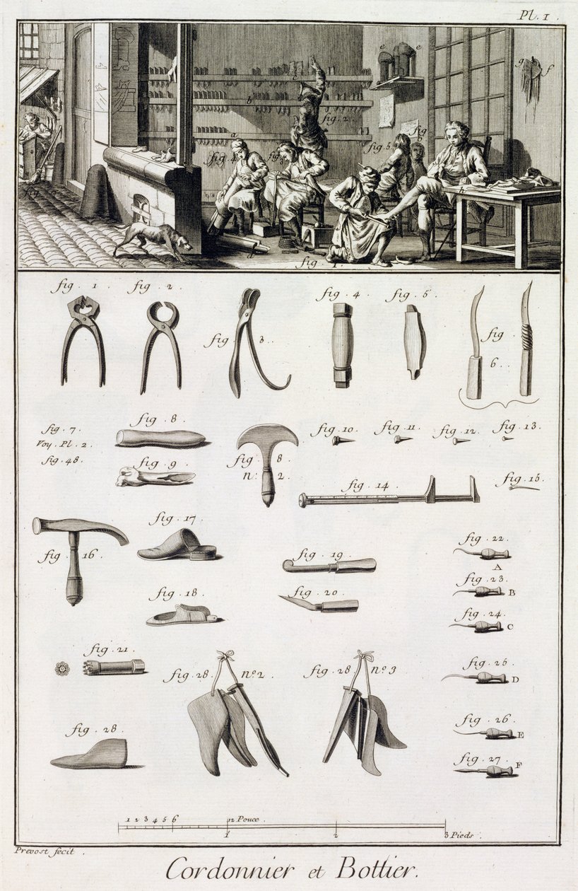 Ein Schuh- und Stiefelmacher und ihre Werkzeuge, aus der Encyclopedie des Sciences et Metiers von Denis Diderot (1713-84) veröffentlicht ca. 1770 von French School