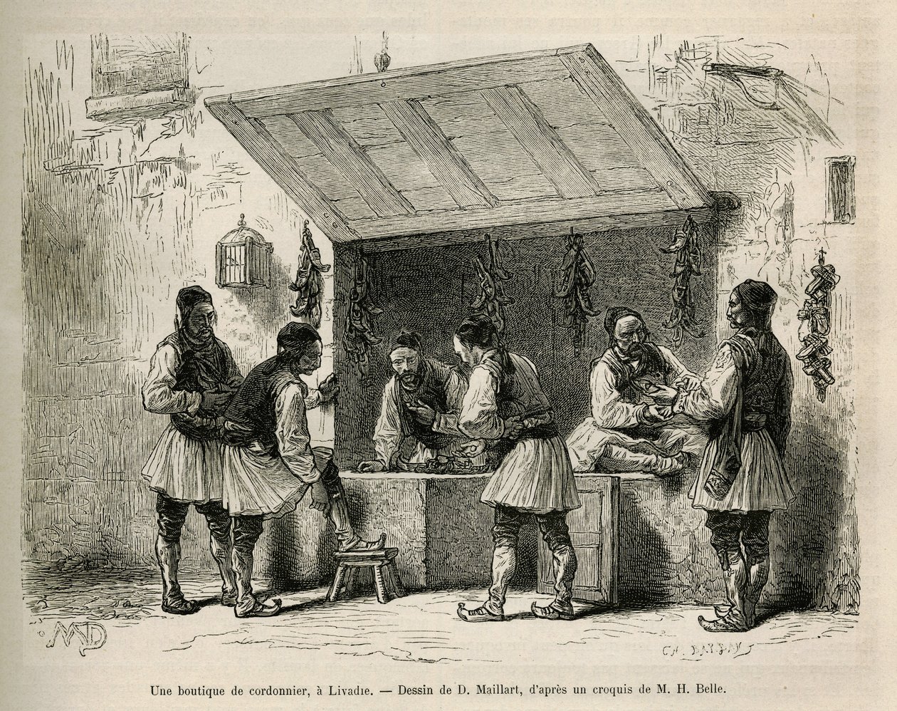 Eine Schusterwerkstatt und seine Kundschaft in Livadie, Zeichnung von D. Maillard zur Illustration der Geschichte von Henri Belle: Reise nach Griechenland von French School