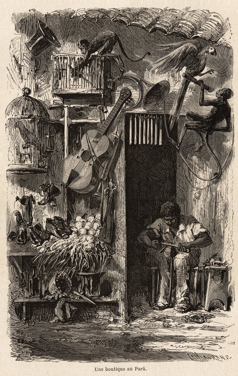 Ein Geschäft in Para, Illustration für Herrn Biards Reise nach Brasilien in den Jahren 1858-1859. Gravur in „Le tour du monde“ 1861. Sammlung Selva. von French School