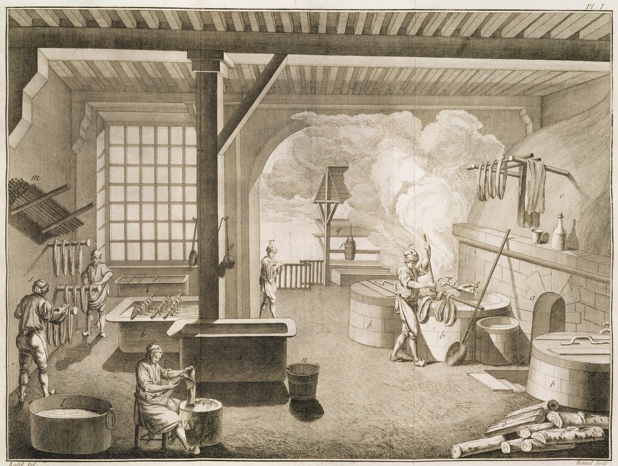 Eine Seidenfärberei, aus der Encyclopedie des Sciences et Metiers von Denis Diderot (1713-84) veröffentlicht ca. 1770 von French School