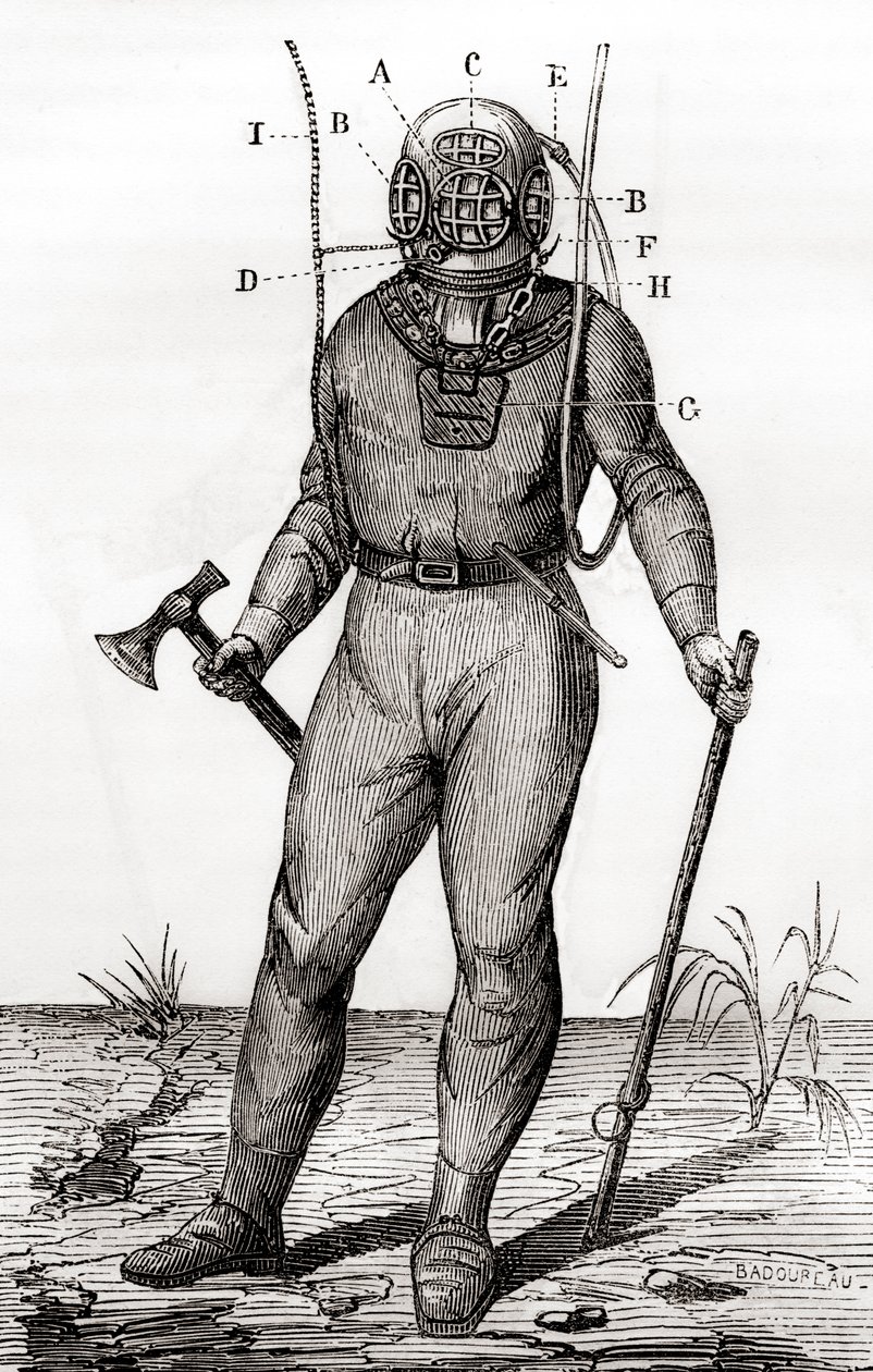 Ein Standard-Tauchanzug, patentiert von Joseph-Martin Cabirol im Jahr 1855, aus 