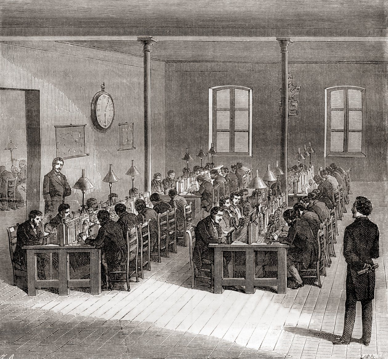 Eine Telegrafenstation in Paris, Frankreich um 1870, aus Les Merveilles de la Science, veröffentlicht um 1870 (Gravur) von French School