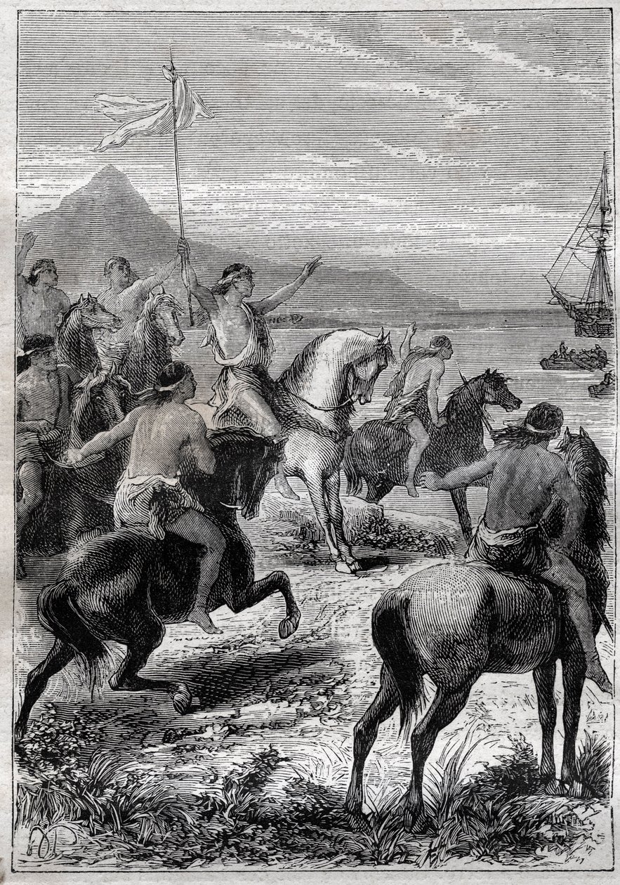 Vizeadmiral John Byron wird 1764 von den Eingeborenen von Kap der Jungfrauen empfangen - Illustration aus „Die großen Seefahrer des 18. Jahrhunderts“ von French School