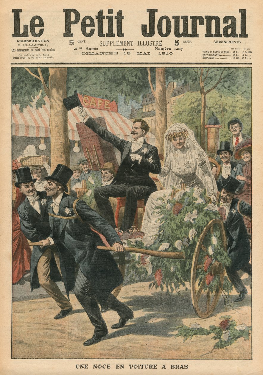 Eine Hochzeit auf einem Handkarren, Illustration aus Le Petit Journal, supplement illustre, 15. Mai 1910 von French School
