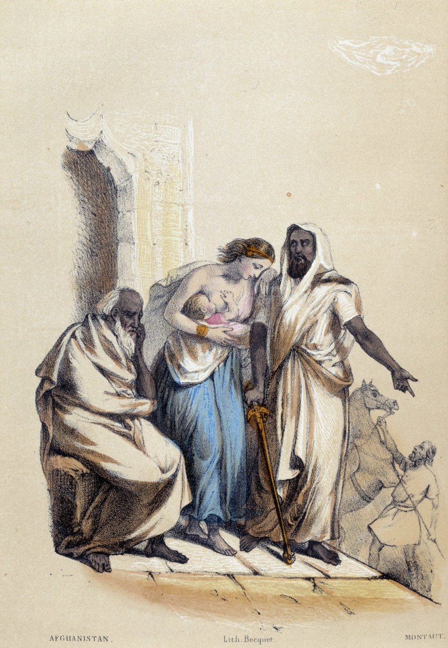 Eine weiße Frau, die ihr Baby in Afghanistan stillt; Illustration für Afghanistan, -in „Die zwölf Nationen“ von M.E. Fouinet von French School
