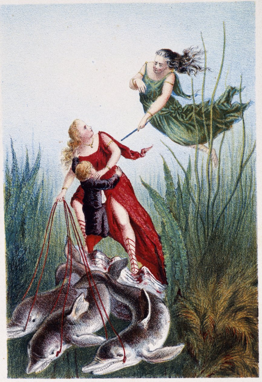 Eine Frau greift eine andere Frau und einen Jungen an, der von Delfinen geführt wird - in „Reise zum Meeresgrund“ von H. de la Blanchère. Paris, Hrsg. Jouvet et Cie, sd. 1880 von French School