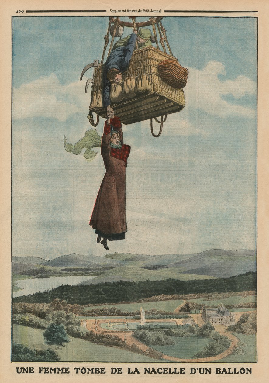 Eine Frau fällt aus der Gondel eines Ballons, Rückseitenillustration aus 