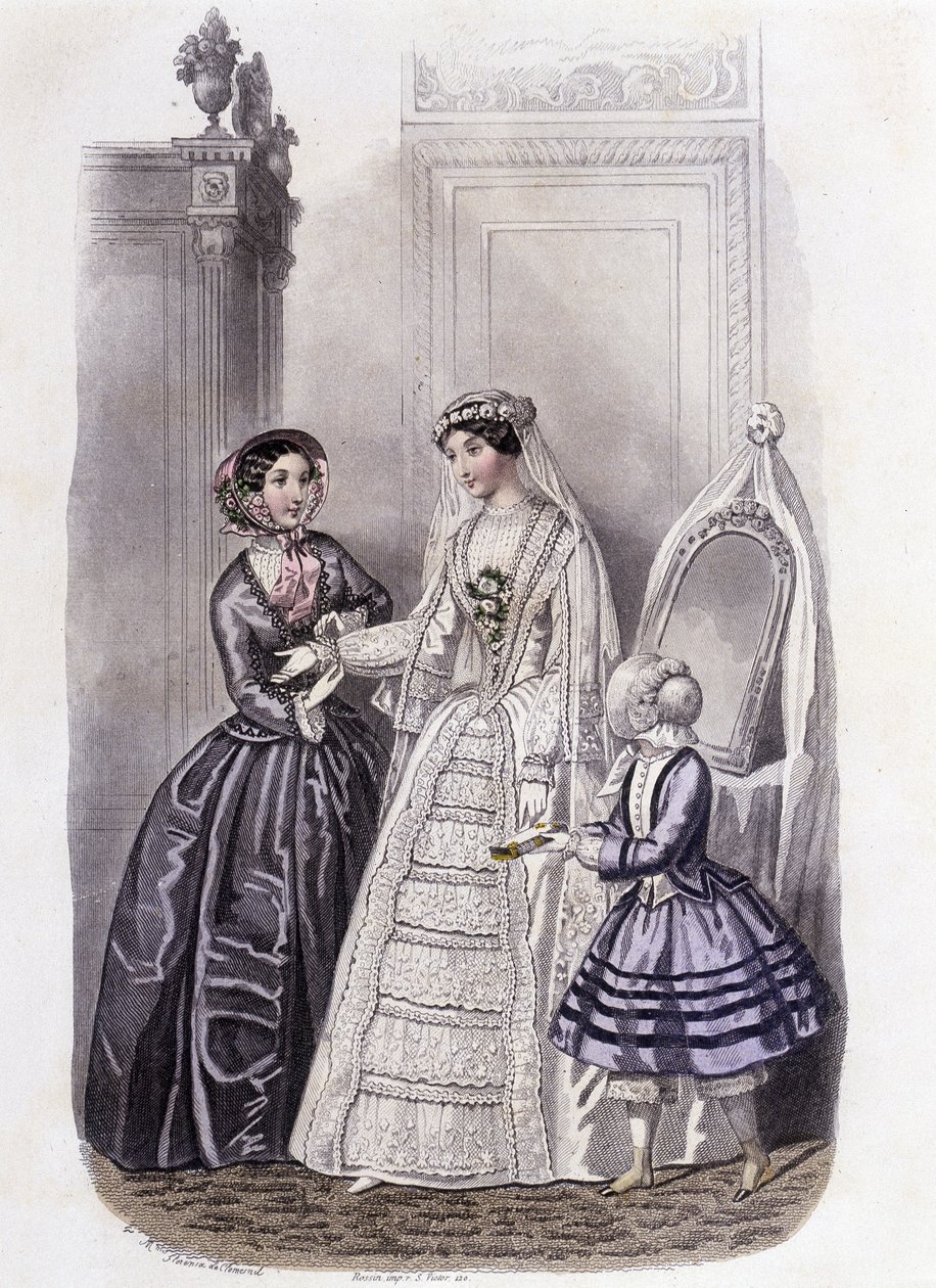 Eine Frau im Hochzeitskleid, umgeben von einem Mädchen und einer Dame - im „Journal des Demoiselles“ 1852. von French School