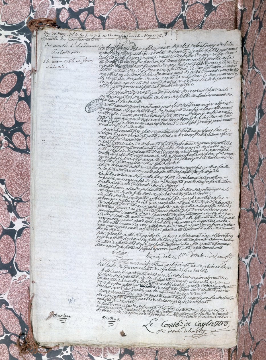 Bericht über die Konfrontation zwischen Comtesse de la Motte und Cagliostro während des Prozesses um die Halskette der Königin, 24. Mai 1786 von French School