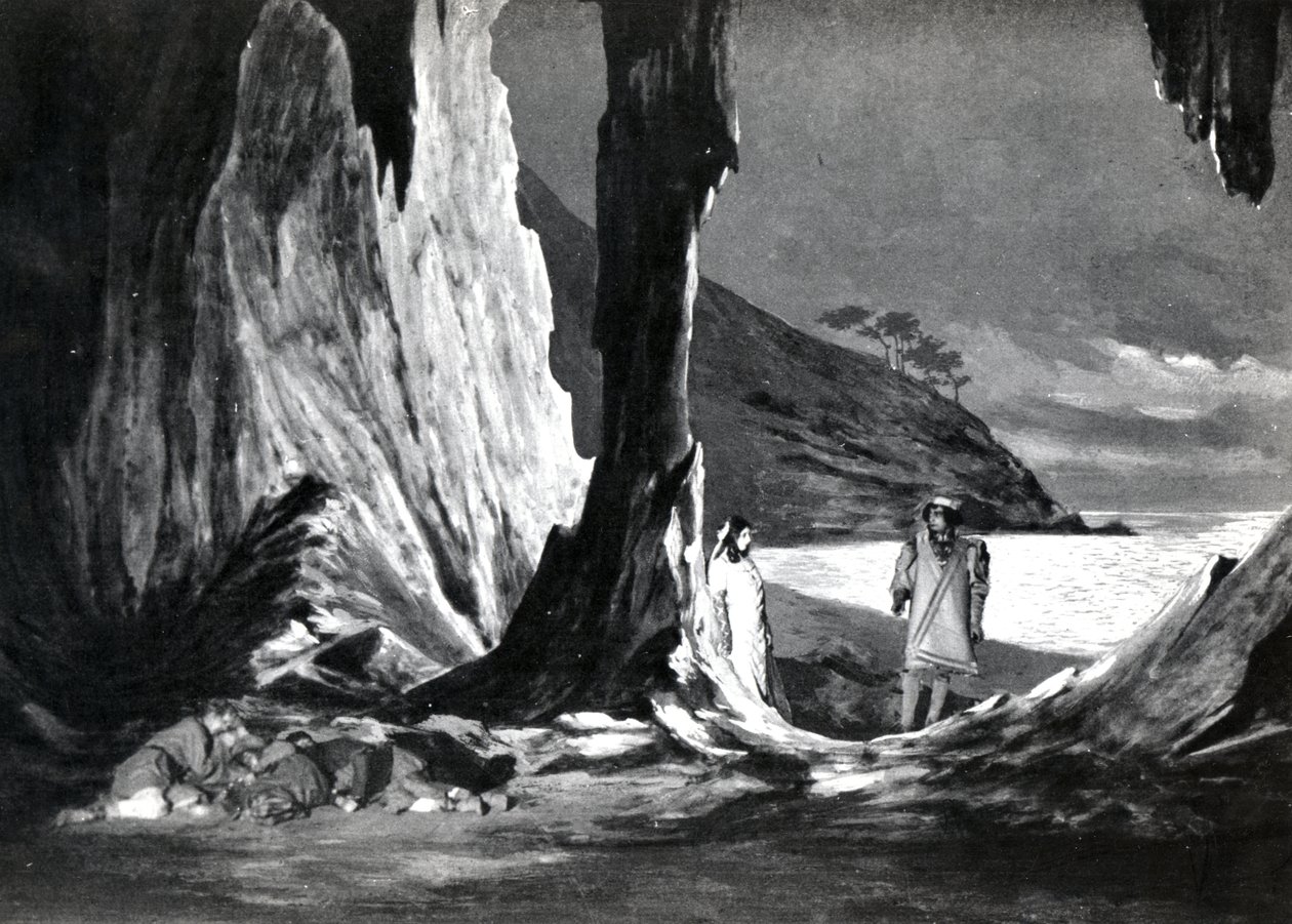 Akt II, Szene 3 von Pelléas et Mélisande von Debussy, aus einem Foto der ersten Aufführung im April 1902 der Oper an der Opéra-Comique in Paris, Illustration in Theatre Magazine, Juni 1902 von French School